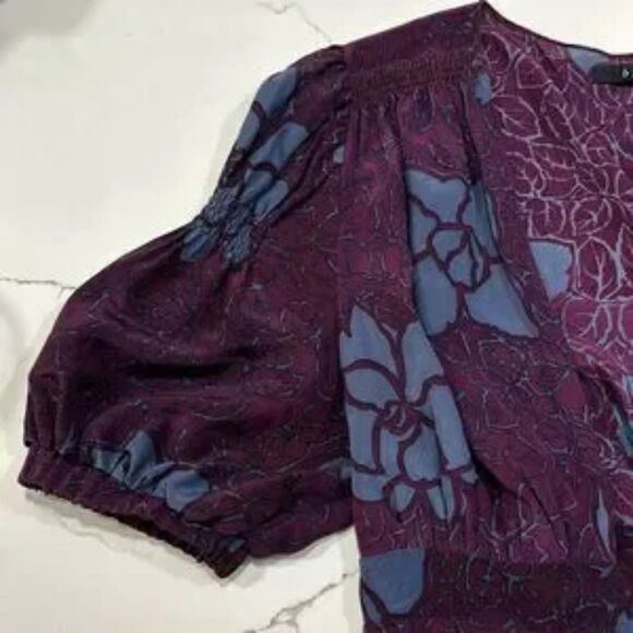 Black Halo | Silk Tunic Style Women’s Purple Floral Print Wrap Blouse Top Size M - Picture 3 of 16